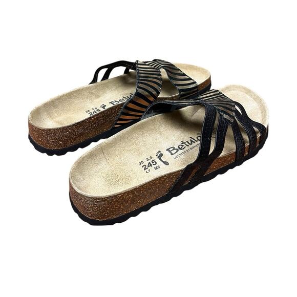 Betula by Birkentstock Gold Black Sandal Slip On Leather Flat Shoes Size 7 NWOB - Picture 3 of 7